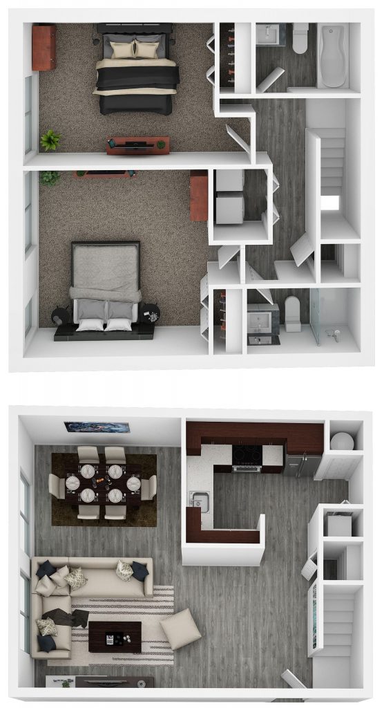 Two bedroom townhouse floor plan illustration