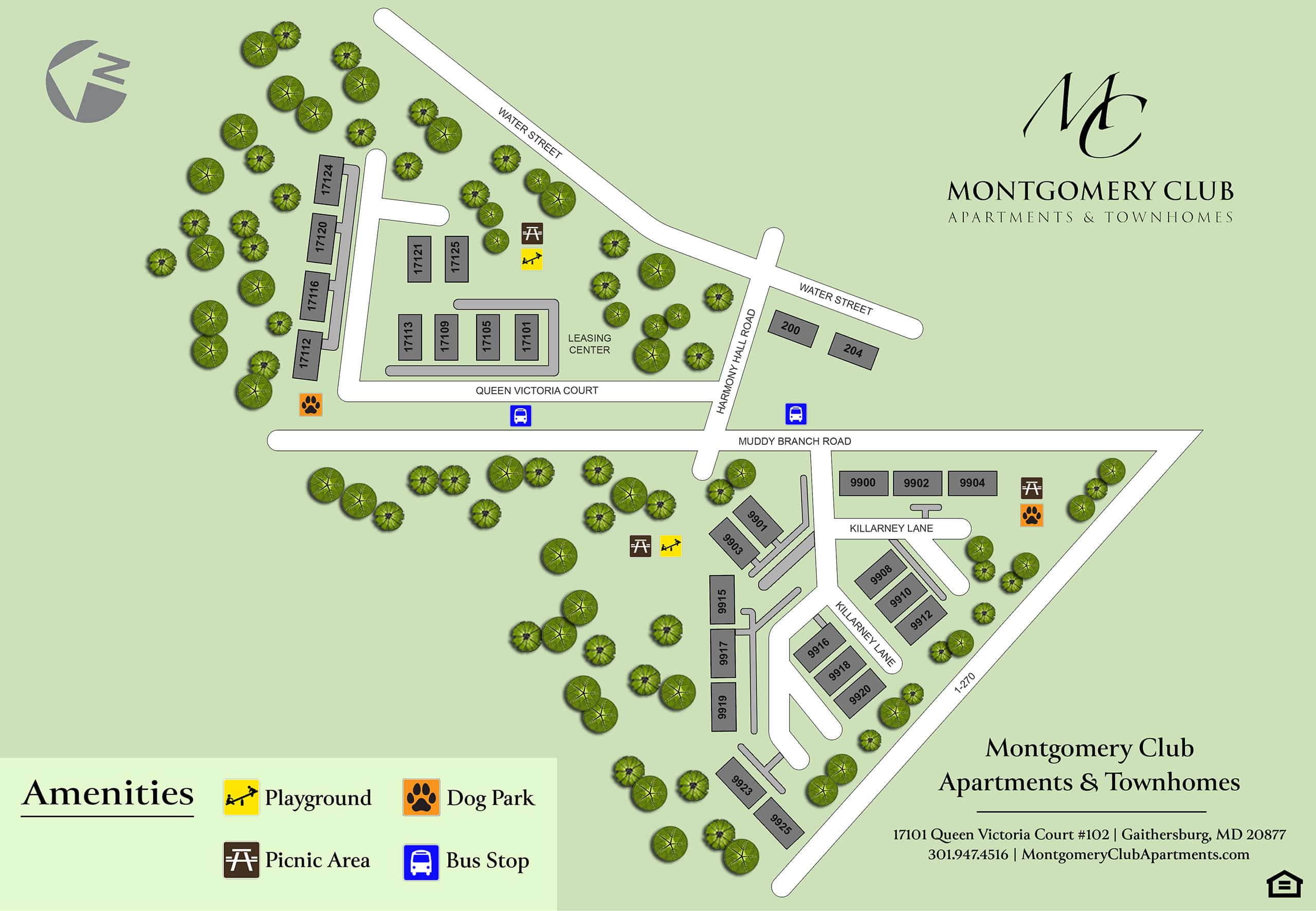 Illustrated site plan for Montgomery Club Apartments